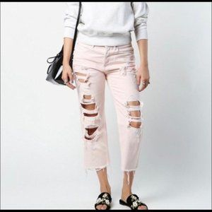 ALEXANDER WANG Rival Distressed cropped pink washed denim capri style